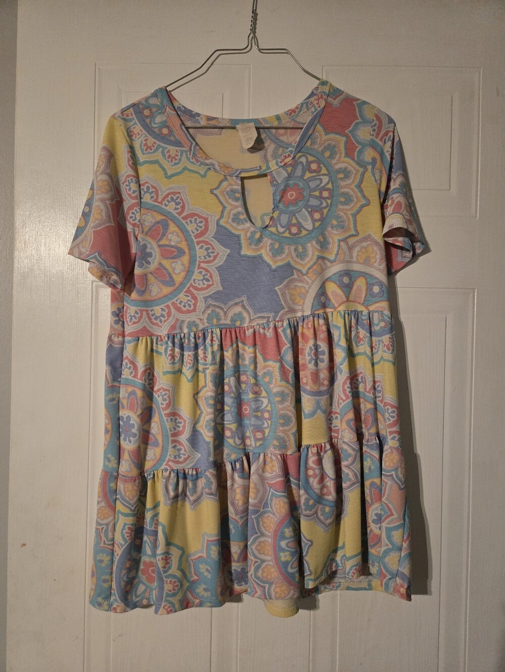 Girls' Pastel Medallion Print Tiered Dress - Pink, Blue & Yellow